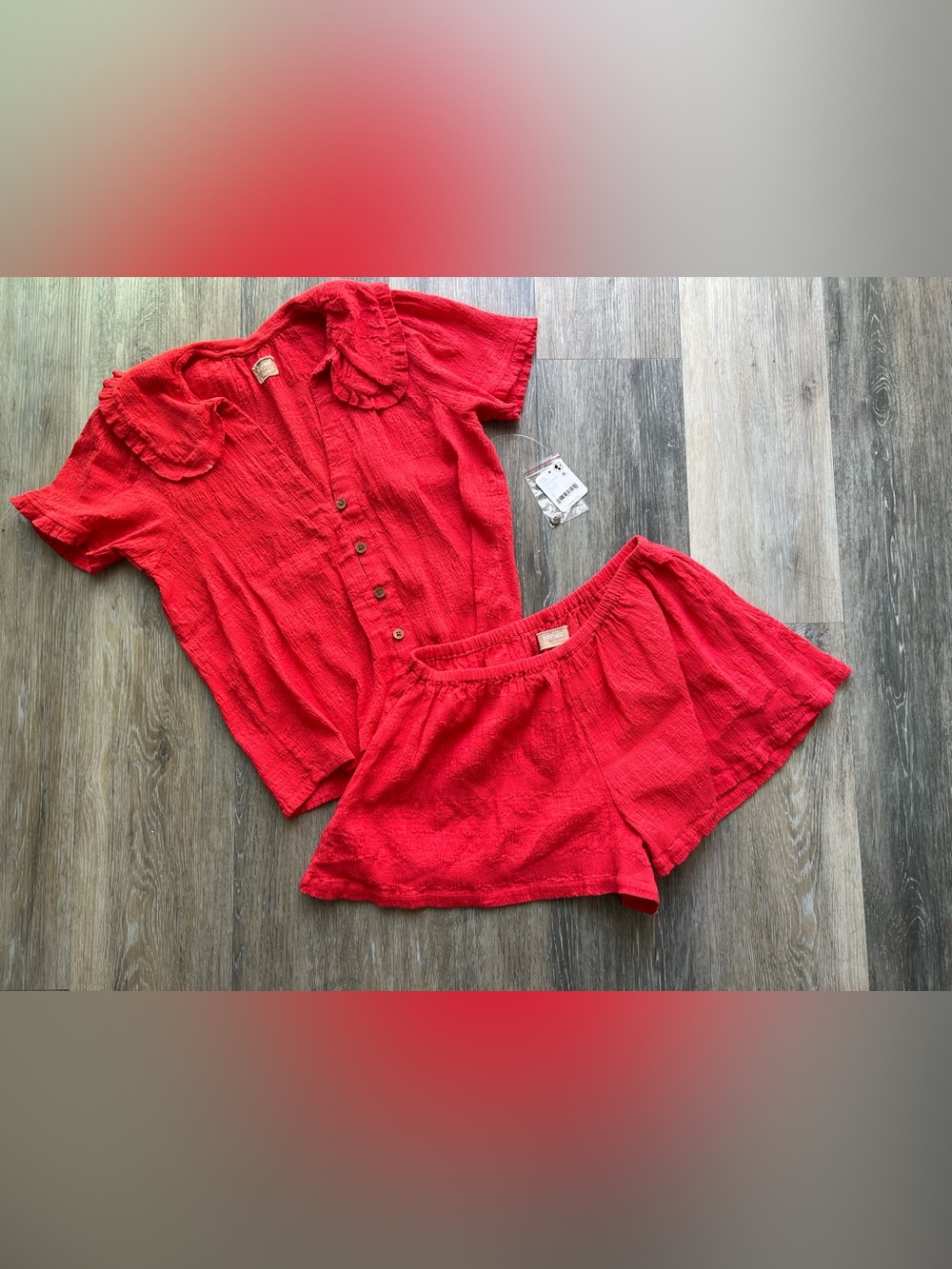 Free People Red Textured High-Waist Shorts Set